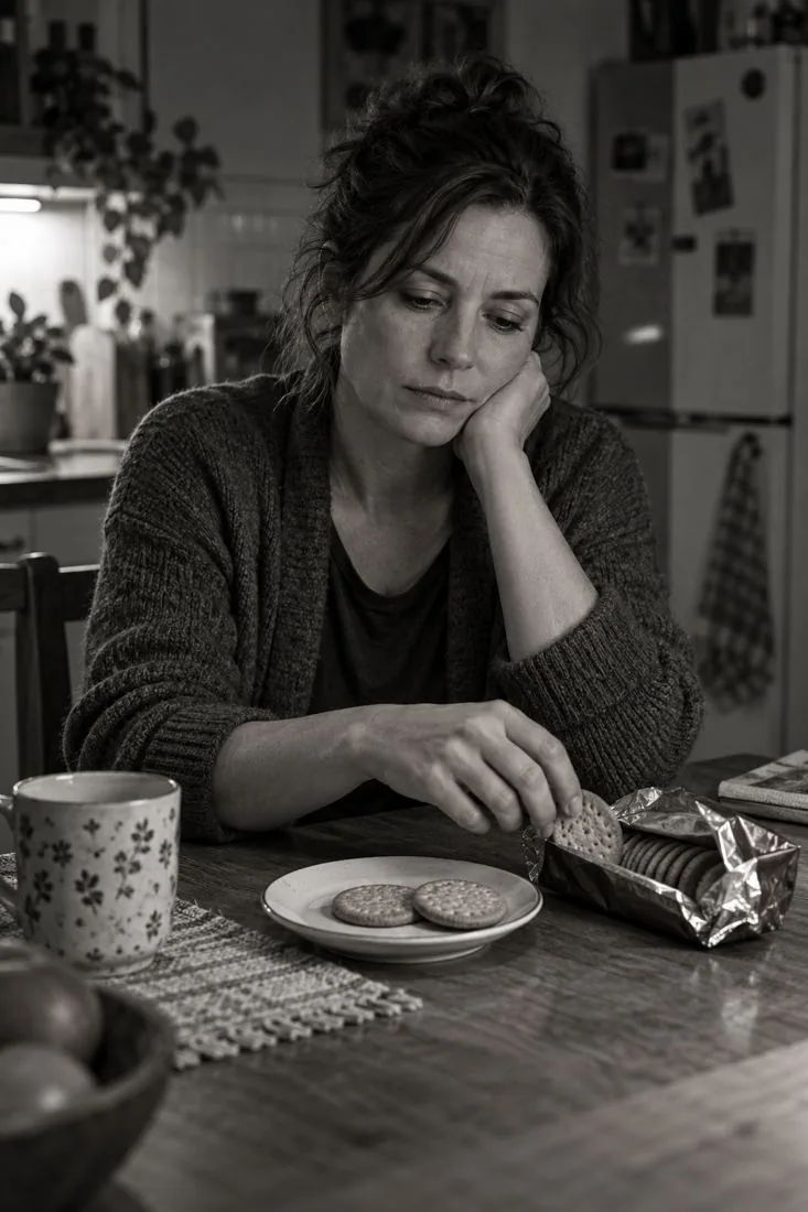 Scène illustrative : une femme à sa table, la main près de quelques biscuits