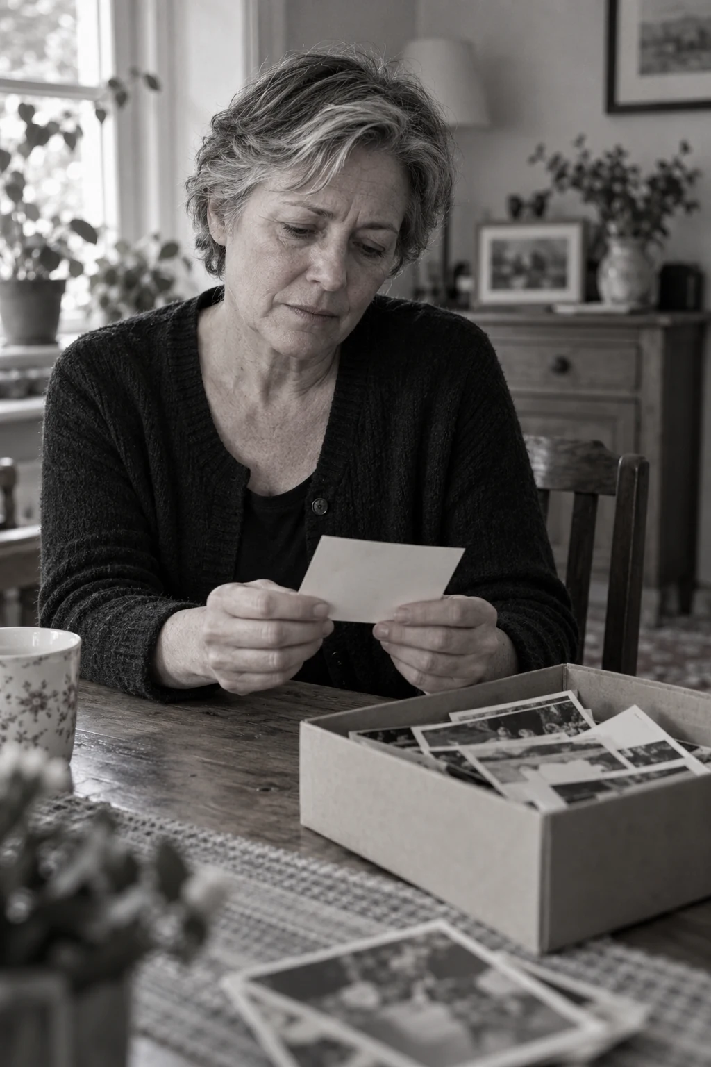Scène illustrative : une femme regarde une photographie, une boîte de souvenirs posée sur la table