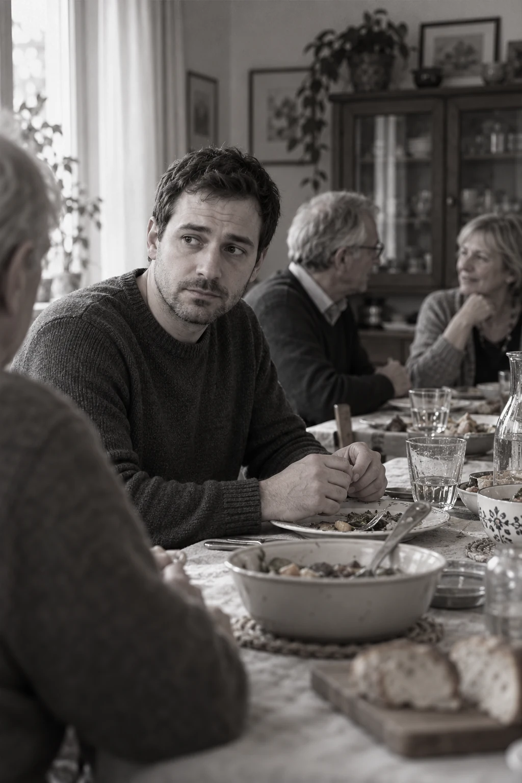 Scène illustrative : un adulte en retrait pendant un repas familial, les mains réunies près de son assiette