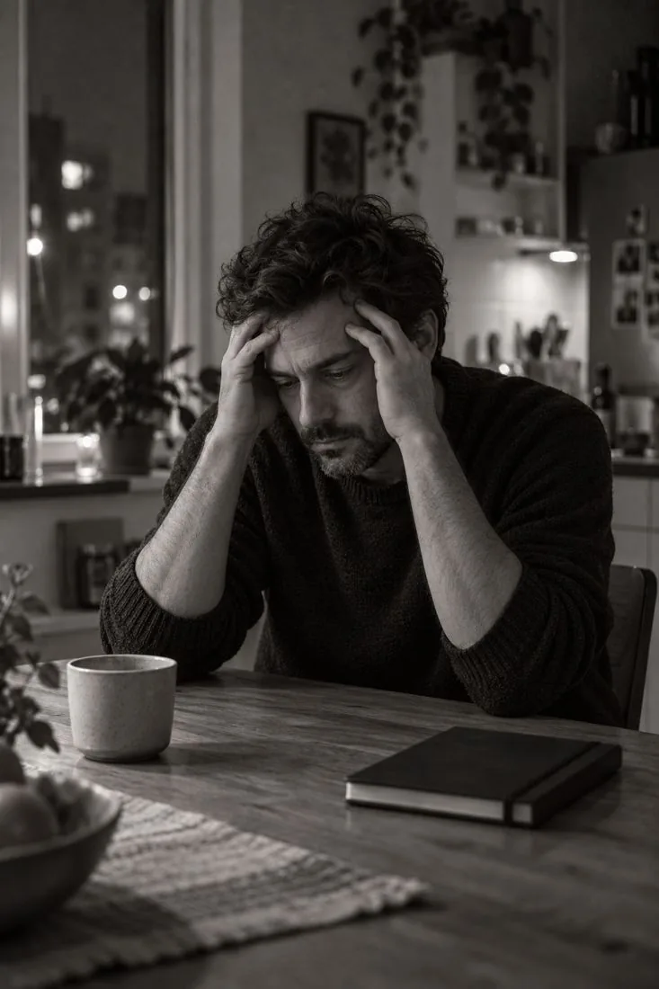 Scène illustrative : un homme fatigué à sa table, les mains aux tempes
