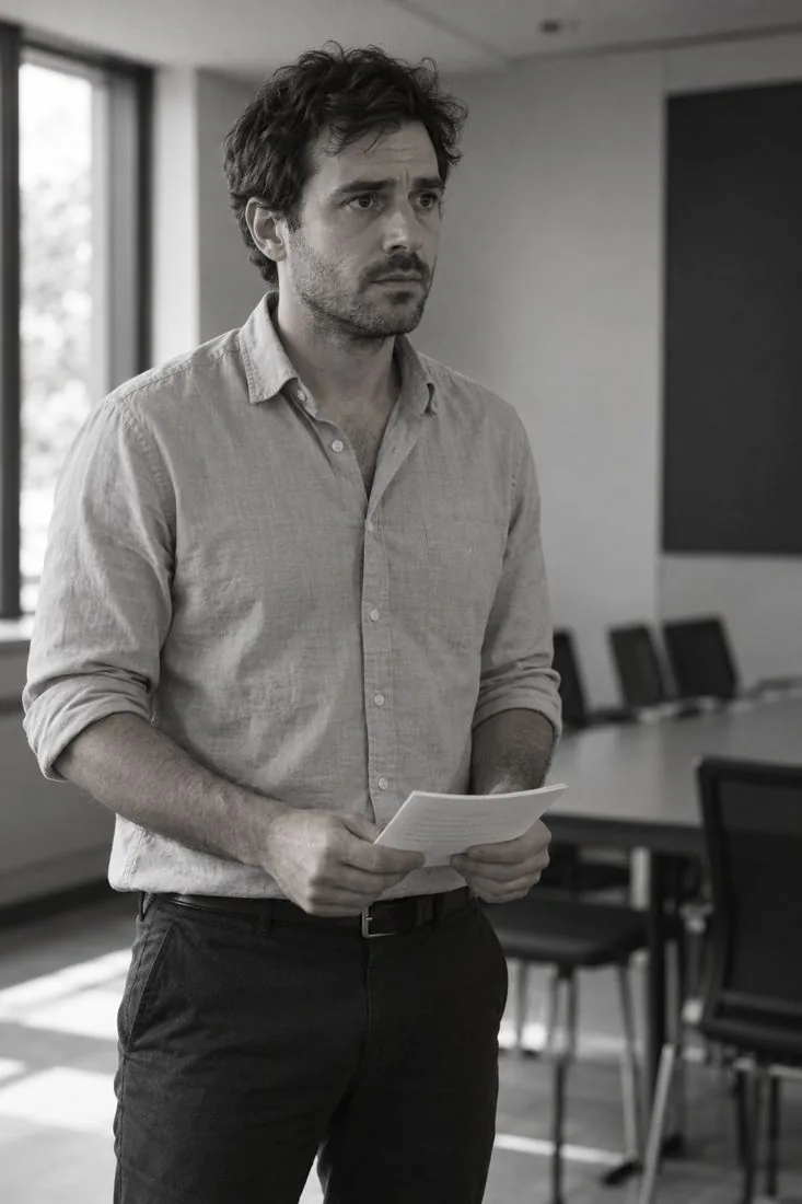 Scène illustrative : un homme tient ses notes avant une présentation