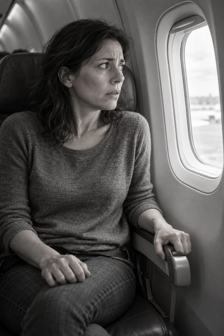 Scène illustrative : une passagère tendue dans une cabine d’avion