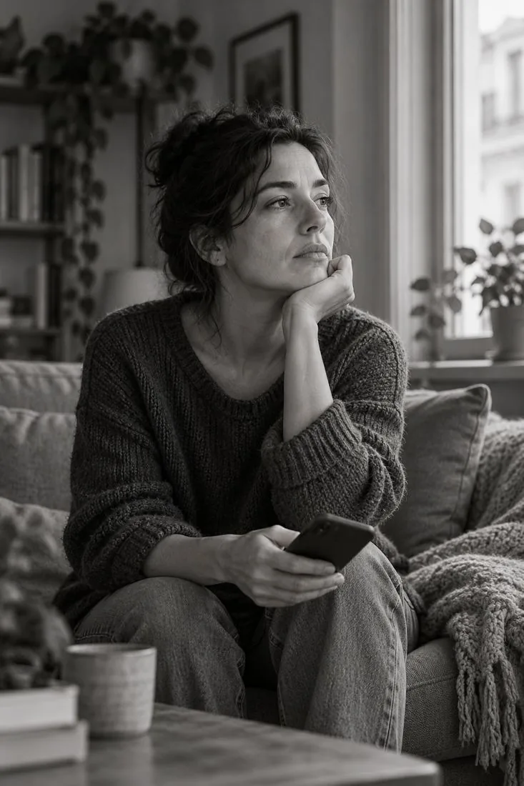 Scène illustrative : une femme tient son téléphone et regarde vers une fenêtre