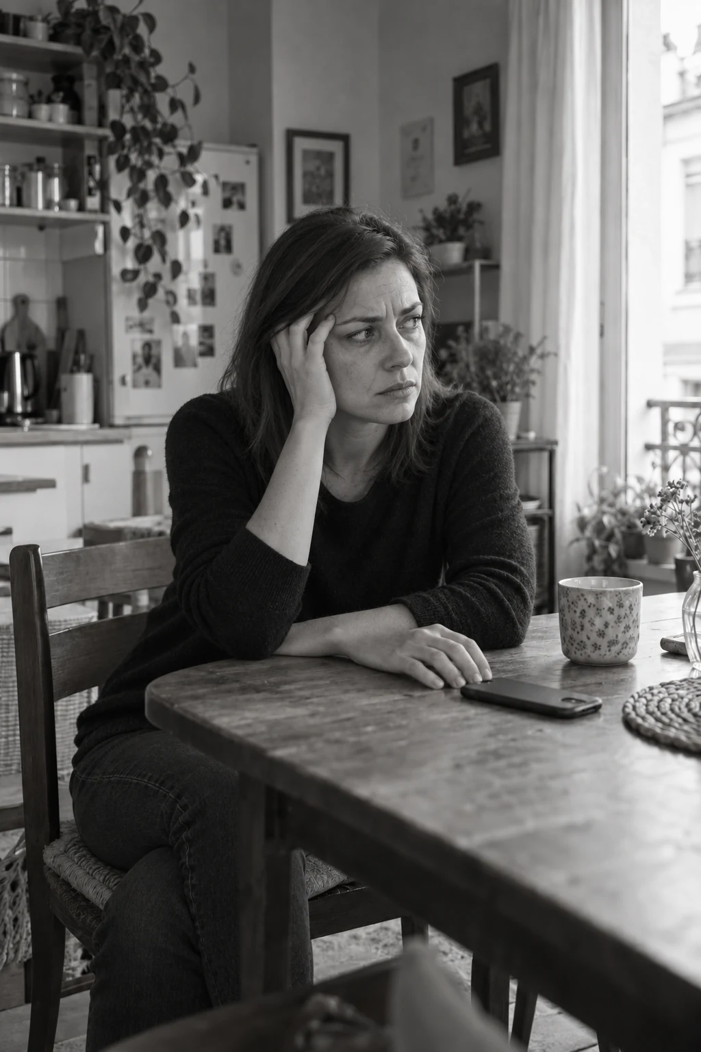 Scène illustrative : une femme à sa table soutient sa tête d’une main, téléphone posé devant elle
