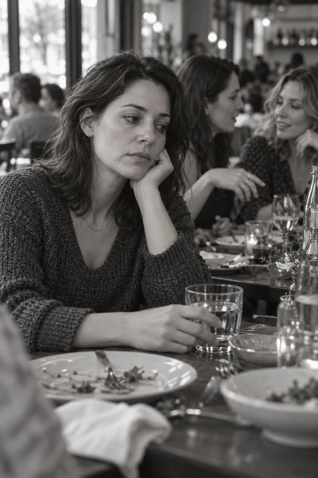 Scène illustrative : une femme pensive au restaurant, tandis que ses amies discutent en arrière-plan