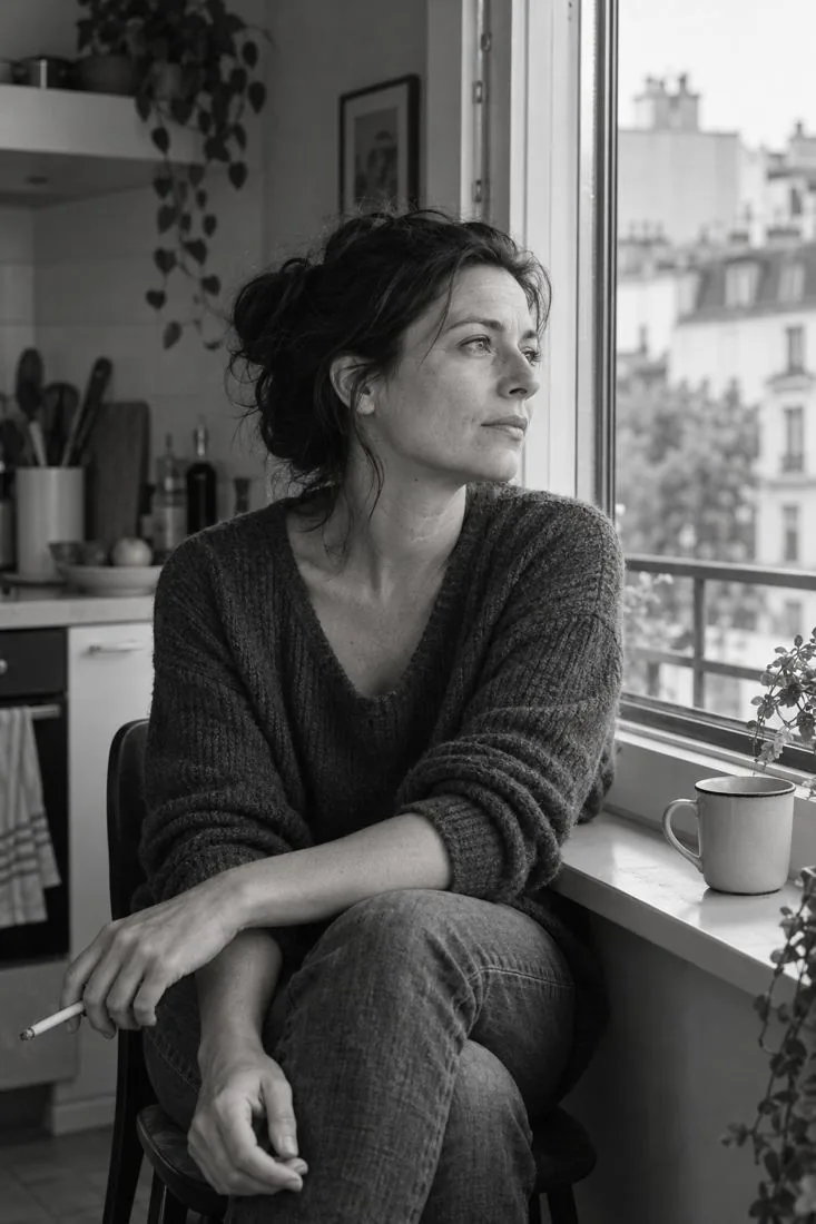Scène illustrative : une femme fait une pause près d’une fenêtre, une cigarette à la main